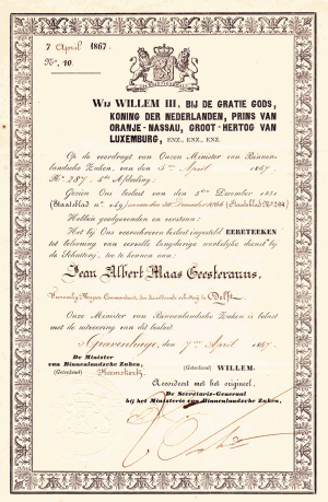 Koninklijke oorkonde mbt verlenen ereteken aan Jean Albert MG (1867-04-07)